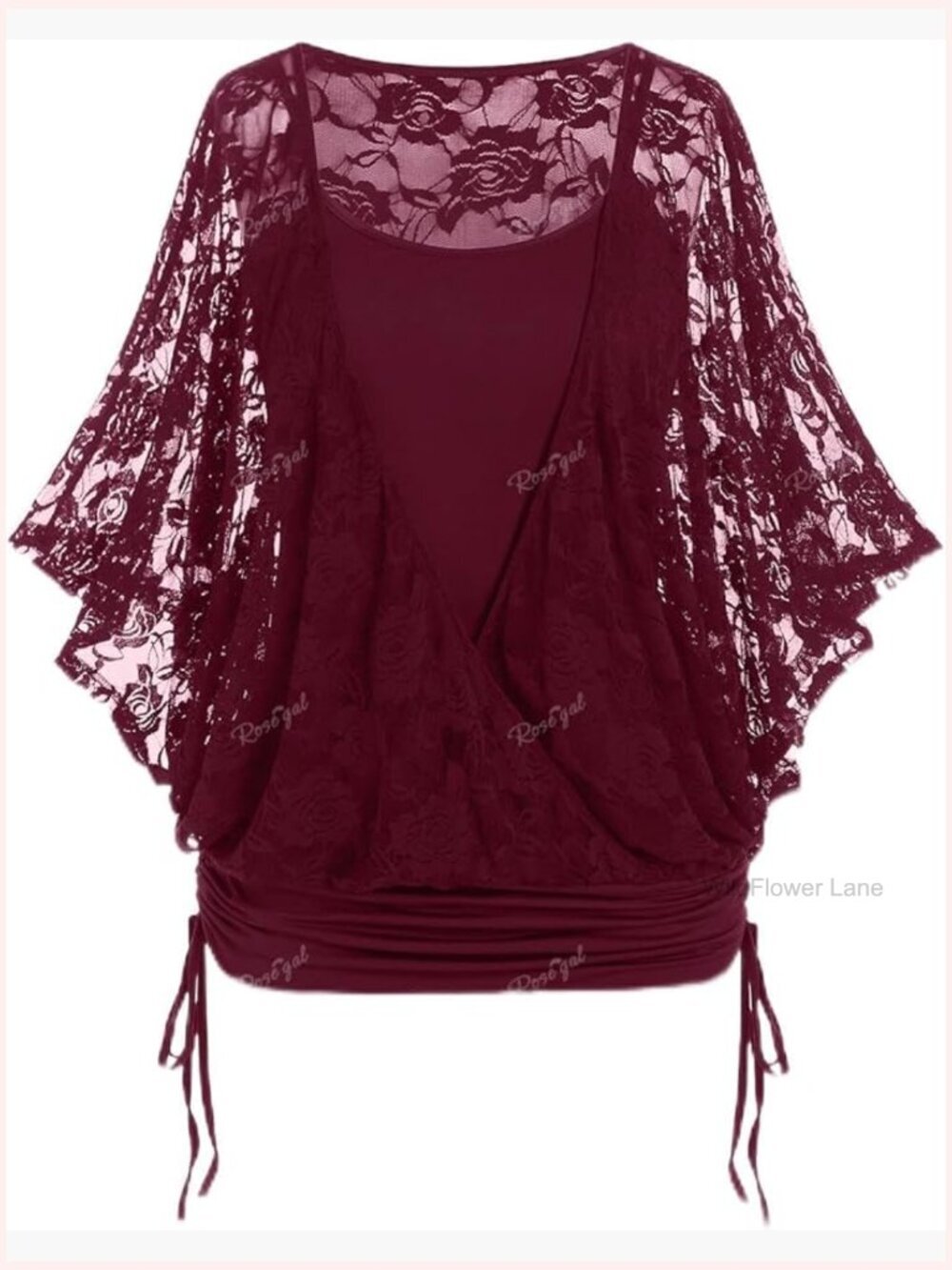 Plus Size Batwing Sleeve Lace 2-in-1 Ruched Tunic Top Blouson
